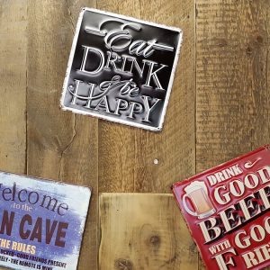 beer mats on rustic wood bar top