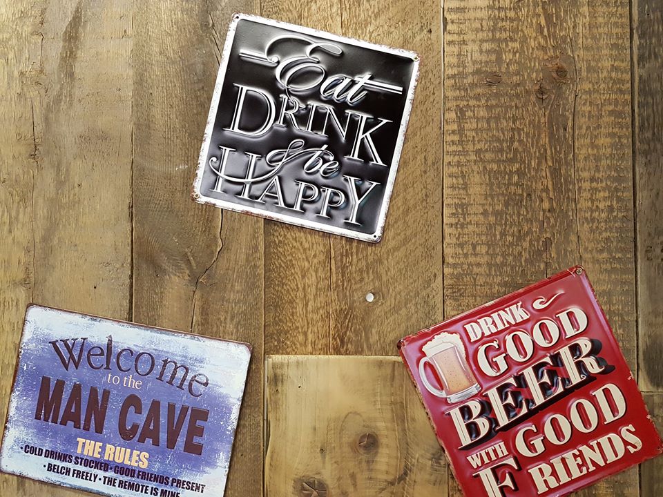 beer mats on rustic wood bar top