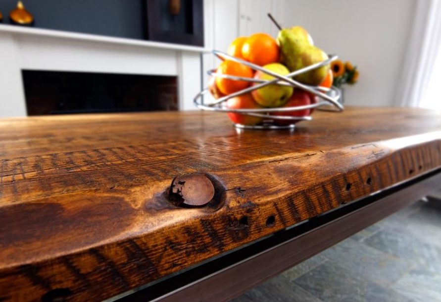 reclaimed wood top with metal frame