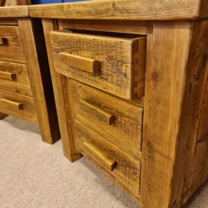 Alternative view of Reclaimed wood 3 drawer bedside on posts