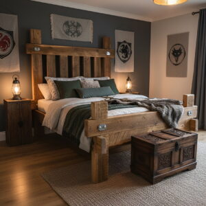 A unique, handcrafted medieval bed frame made from aged reclaimed wood with large hand-forged steel bolts and brackets.