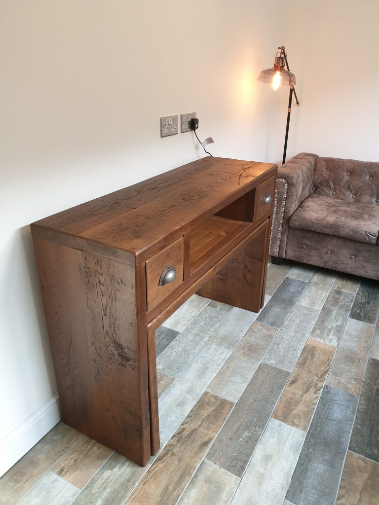 Reclaimed wood side table with bench away for storage