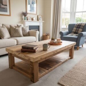 A wide shot of a living room featuring a prominent rustic wood coffee table at its center, adorned with books, a mug, and a decorative tray. The room includes a comfortable sofa, an armchair by a bay window with natural light, and framed artwork, creating a warm and inviting atmosphere.